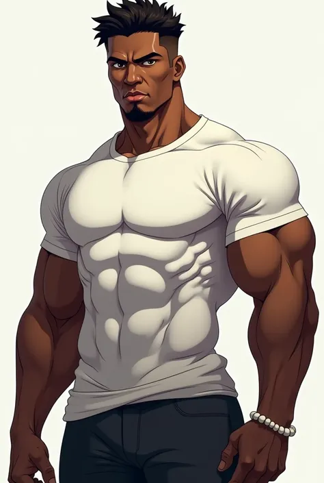 black man with dark skin, high,  with athletic size and very well defined muscles . He has short hair ,  frizzy and well-aligned style .  His facial expression is serious and intense ,  with penetrating eyes that transmit strength and authority .  He is dr...