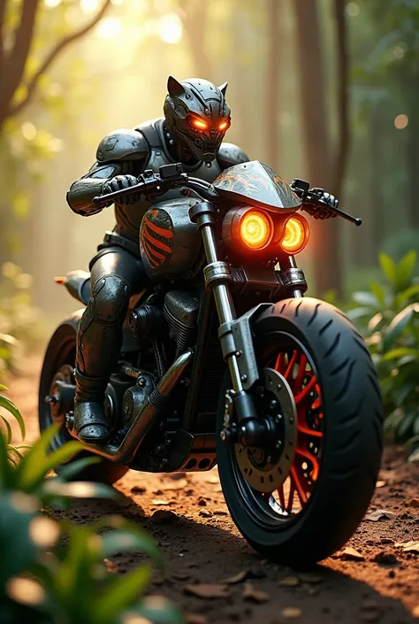 A futuristic robotic bike emerges from the depths of a dense jungle, blending the raw ferocity of a tiger with the cutting-edge design of a Harley-Davidson. Its sleek, metallic frame mirrors the muscular build of a tiger, with glowing orange stripes etched...