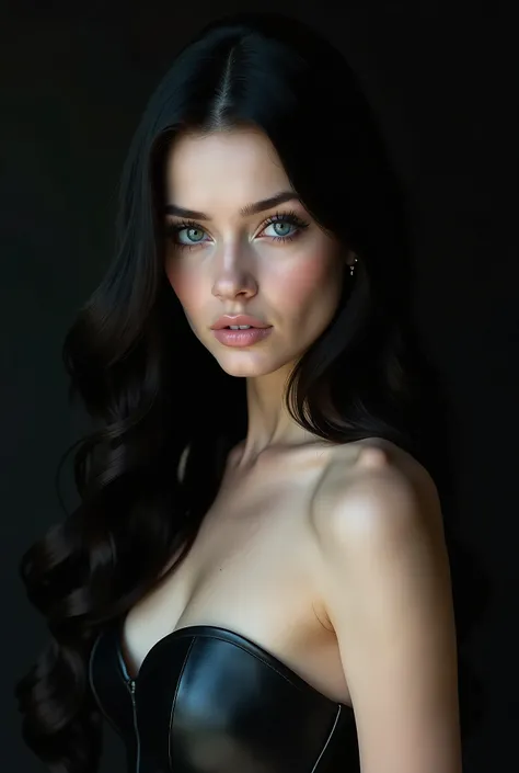  Make a realistic image of a beautiful woman with white skin and black hair,  Blue Eyes, wearing a black leather dress 