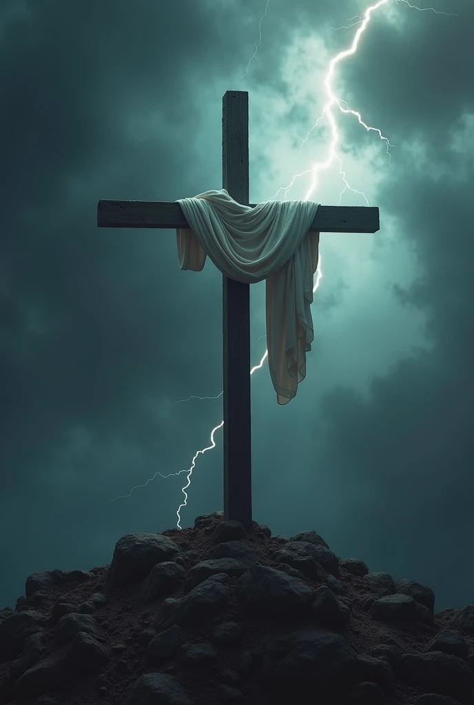 A CROSS ON CALVARY ,  IT IS EMPTY WITH A WHITE CLOTH HONED WITH BLOOD ON IT  ,  THE SKY IS DARK AND WITH LOTS OF LIGHTNING AND LIGHTNING EVERYWHERE , passion of christ 
