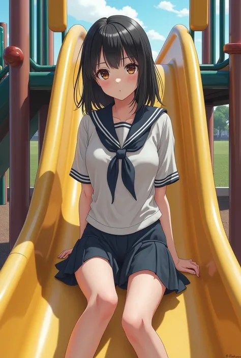 Female student sitting on a playground sex slide