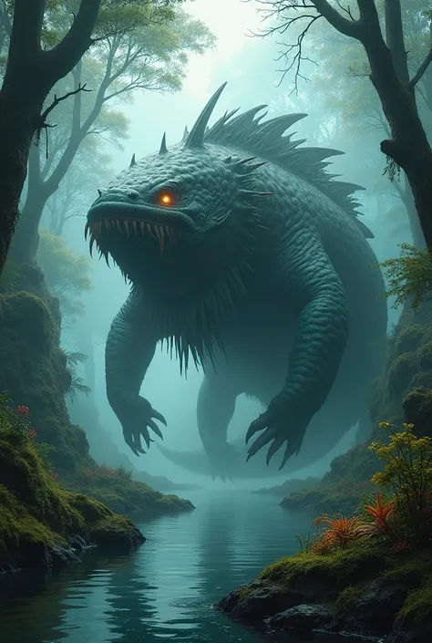 Axolotl Lake Monster, giant Axolotl, Scary, Fantasy Concept Art