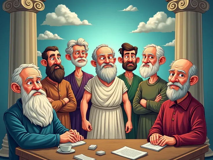 generate a simple image in cartoon format with Socrates in it, Plato,  Aristotle ,  Saint Thomas Aquinas , René descartes, Immanuel Kant ,  Martin Heidegger , Jean-Paul Sartre , Michel Foucault 