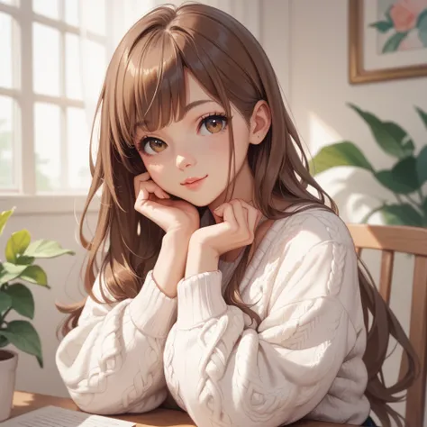  anime style　 Long Hair　Brown Hair　White knit　Beauty　 cute