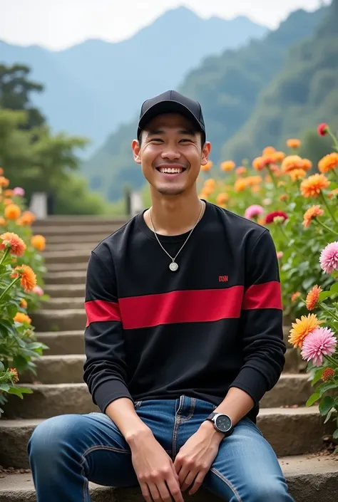 A handsome 27 year old Asian man, wearing a black baseball cap on his head, wearing a long-sleeved black striped t-shirt with a combination of red, wearing jeans, wearing a watch and necklace, and wearing white jungle shoes, is sitting next to one of the r...