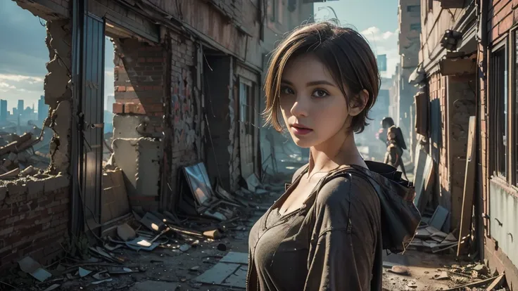 masterpiece, high resolution,8K,(Portrait Photos:1.5),(R Original Photo),Reality,Digital Photography,(Apocalyptic ruins ),City ruins，beautiful 20 year old woman，Short hair，sentry， post-apocalyptic scene， upper body photography ， broken clothes