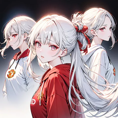  Masterpiece ,  best quality, ((Pure white background)),   bending permanent , Tied up hair,  the top half of the back hair （half）Style where you put up 、 and let the rest of the hair hang down, slim, Albino Woman , white hair , White eyelashes,Red eyelash...