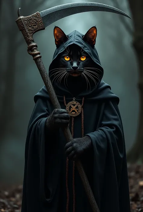 Black brown cat disguised as a grim reaper with a sickle 