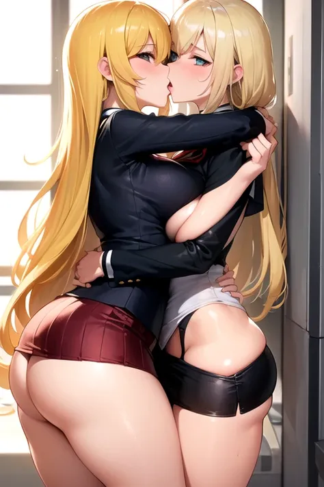 lesbian (very long loose yellow hair)( big breasts ,  big thighs)(almost naked but with tight skirt) that he is kissing and touching his parts at school with his girlfriend(that they are in a very sexy and compromising position with their girlfriend( big b...