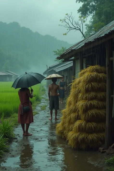 Its raining, Poor people are very worried as heavy stock of Paddy rice sitting at road