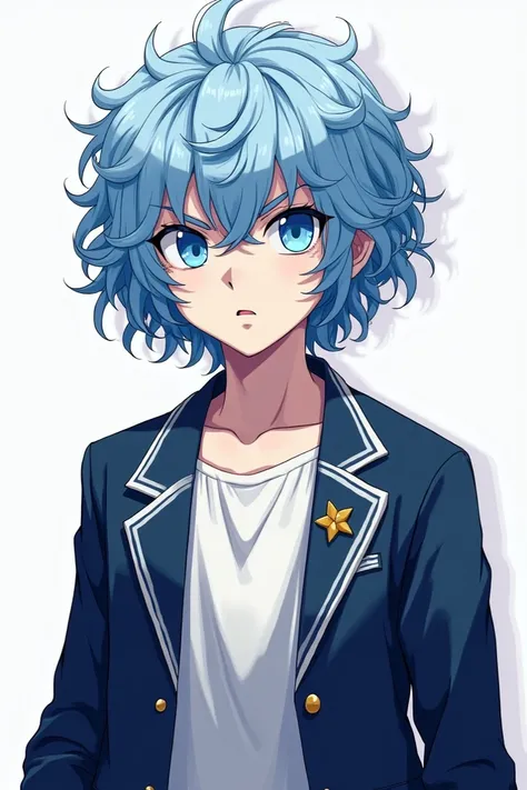 A young male boy in the style of JoJos Bizarre Adventure with white skin with curly and slightly pointed blue hair and white bangs ,  blue eyes and a long navy blue school suit showing a little chest and a short white shirt along with a gold star ornament ...