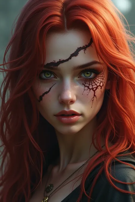 Create a warrior woman with long wavy red hair with a large scar that covers her entire cheek to the edge of her lips and a cobweb like pattern in one of her black eyes, a profiled, white-toned face 