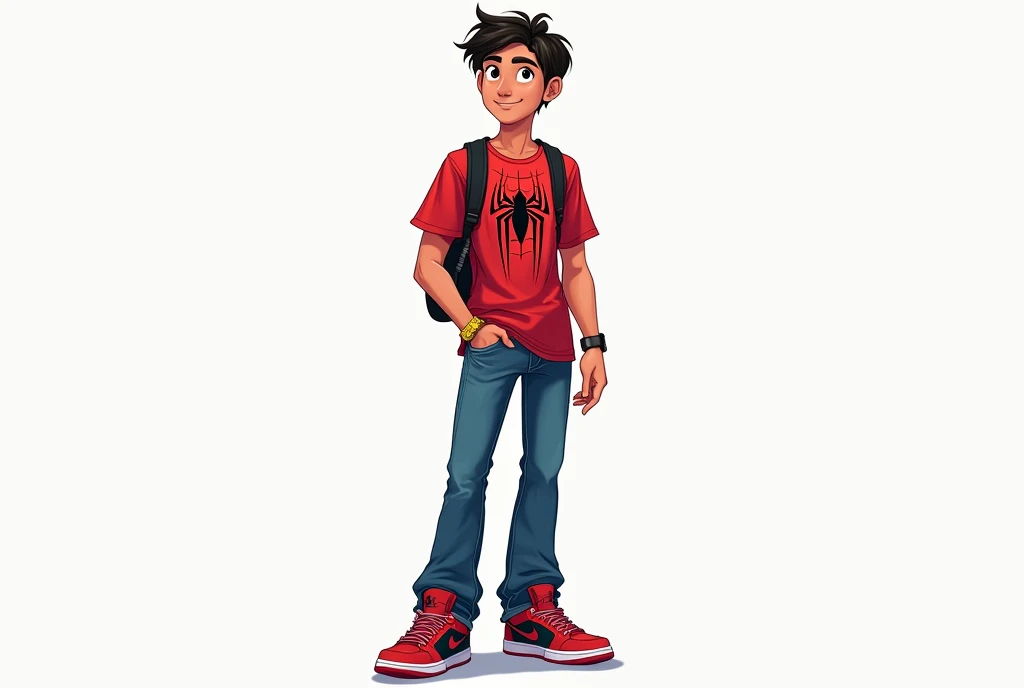 Disney—style illustration, man 22 years old, White,  black eyes , Very short hair Wearing jeans and Spider-Man t-shirt wearing Nike Air Jordan
