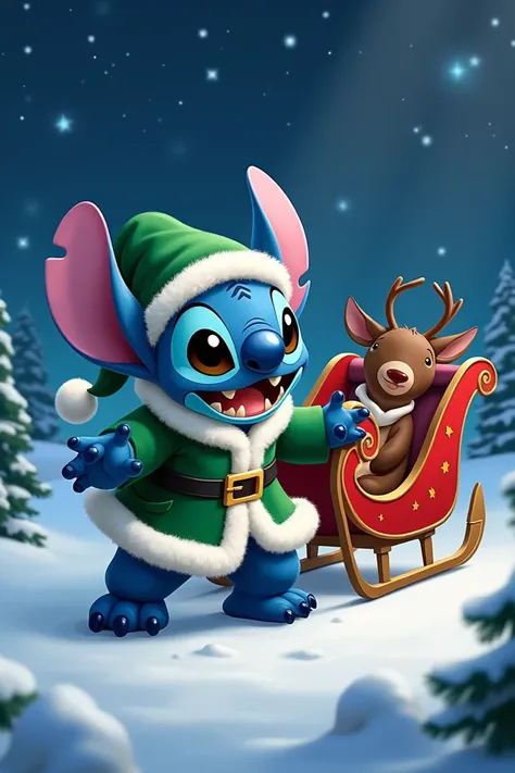 Stitch in green santa suit stealing santa s sleigh