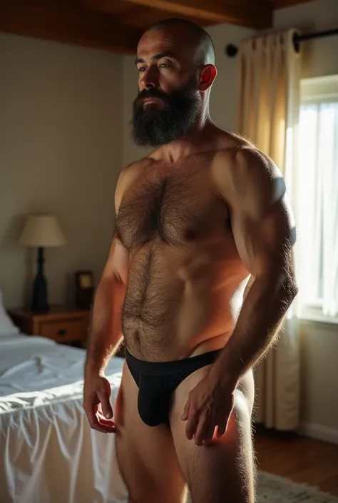 Shaved head ４８Year old Japanese man,  long beard chest hair 　Thick chest hair　Lots of chest hair　pubic hair　Armpit hair　Wrist hair　 completely naked,  arms and smell their armpits　Bright Western-style room　 bed　Completely naked　 jockstrap in a mountain hut...