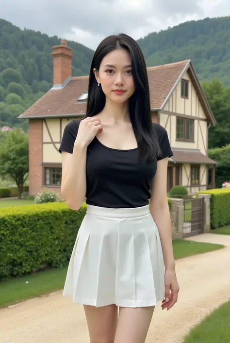 Portrait full body, beautiful asian woman, 24 years old, chestnut shape round eyes, white and smooth skin, beautiful H-cup breast, black long hair, black deep v-necked T-shirt to reveal her beautiful chest, tiny white pleated skirt, white sneaker, stand be...