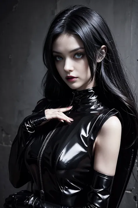 a woman in a black latex outfit with wings on her head, villainess has black angel wings, dark angel, wearing black latex outfit, wearing latex, black latex, raven winged female vampire, black angel wings, beautiful succubus, gothic horror vibes, angel wit...