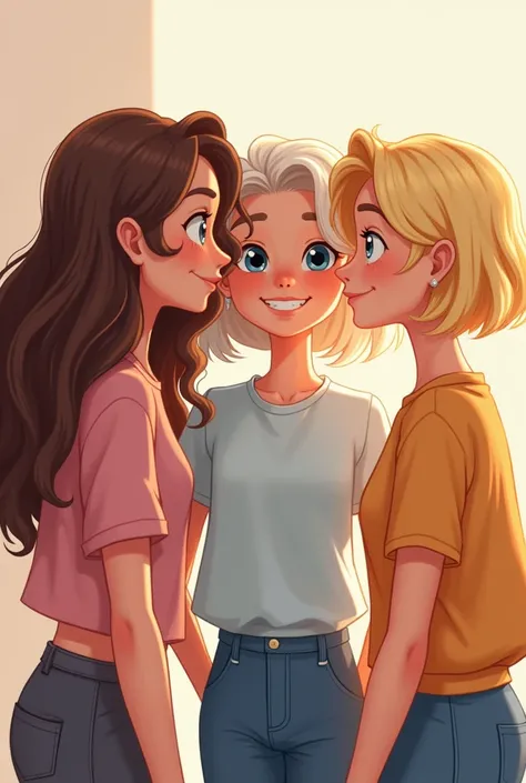 a club of 3 friends (  a brunette girl with wavy hair ,  another blonde girl with straight and short hair and she is white and a white man with wavy hair) That they are separating .  separate the image that is animated