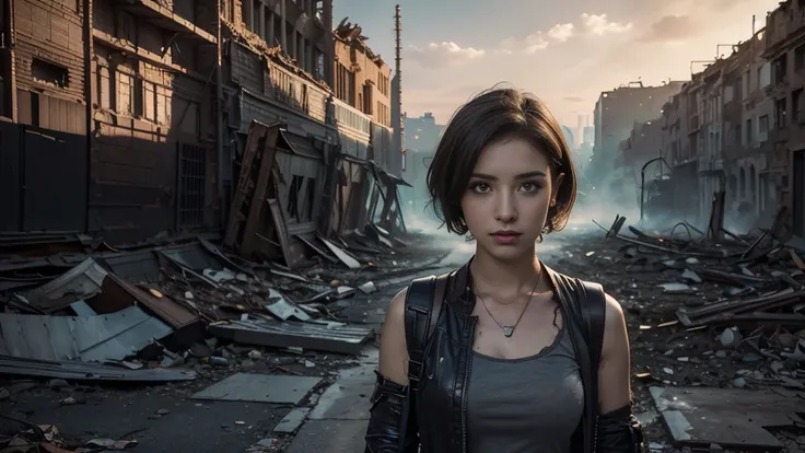 masterpiece, high resolution,8K,(Portrait Photos:1.5),(R Original Photo),Reality,Digital Photography,(Apocalyptic ruins ),City ruins，beautiful 20 year old woman，Short hair，sentry， post-apocalyptic scene， upper body photography ， broken clothes