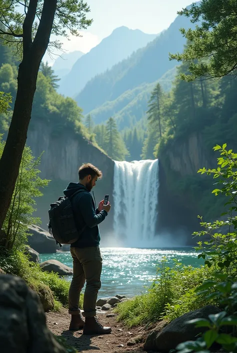 Phone printing pictures in nature, in a waterfall forest, realistic style, by the river, mountains in the background