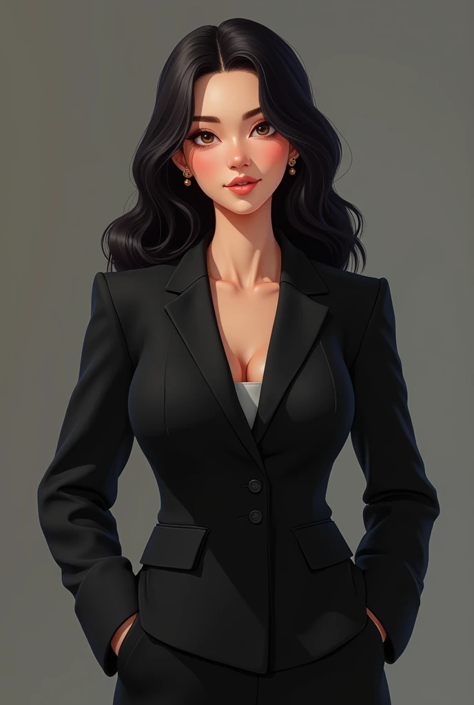  Create a half-chubby woman of short height,  with long wavy black hair ,  small light brown eyes ,  with medium mouth and medium thick lips , medium thick black eyebrows , dressed in a black suit