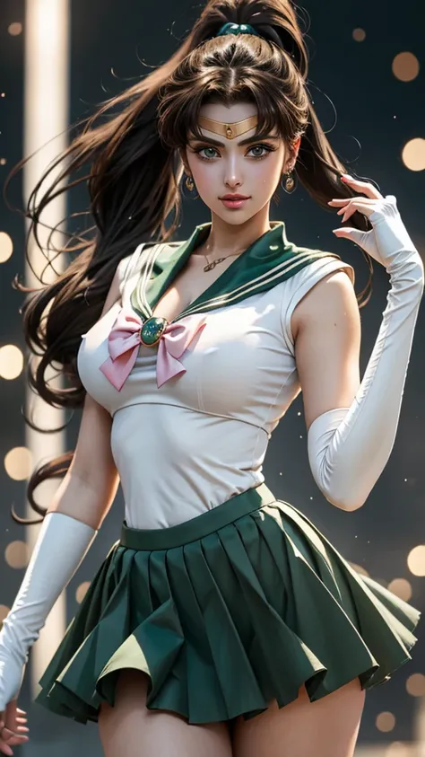 ((masterpiece, best quality)), Sailor moon, antonella roccuzzo, green mini skirt, sexy, curvy body, full lips, brown hair in ponytail, detailed face,perfect eyes,detailed hands,light background,mix of fantasy and realistic elements,vibrant manga,uhd pictur...