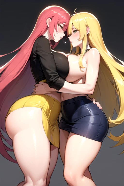 lesbian (very long loose yellow hair)( big breasts ,  big thighs)(almost naked but with tight skirt) that he is kissing and touching his parts at school with his girlfriend(that they are in a very sexy and compromising position with their girlfriend( big b...