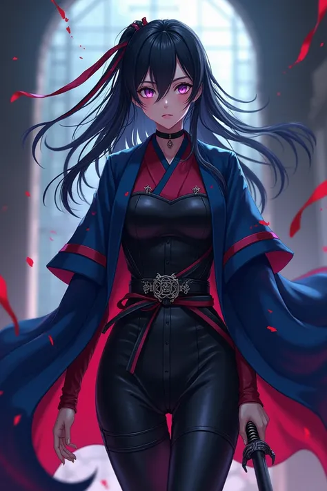 Beautiful girl in the Demon Slayer style black hair purple eyes Demon Hunter costume a katana a blue aori with red stripes