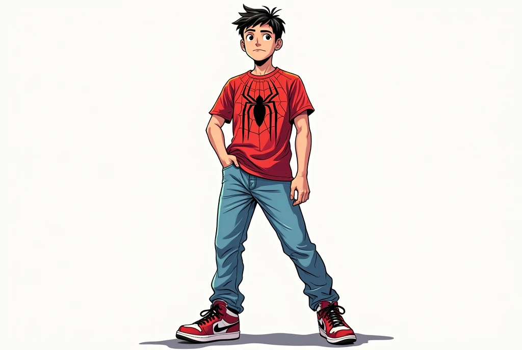  Manga-style illustration , man 20 years old, White,  black eyes , Very short hair Wearing jeans and Spider-Man t-shirt wearing Nike Air Jordan
