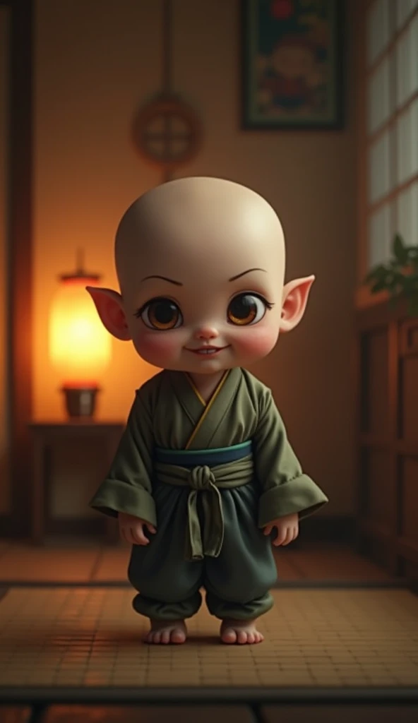 A realistic and detailed depiction of a toddler Nurarihyon, a mythical Japanese yokai known for its mysterious and elusive nature. The toddler version has a youthful and mischievous appearance, with a slightly elongated and smooth bald head, soft features,...