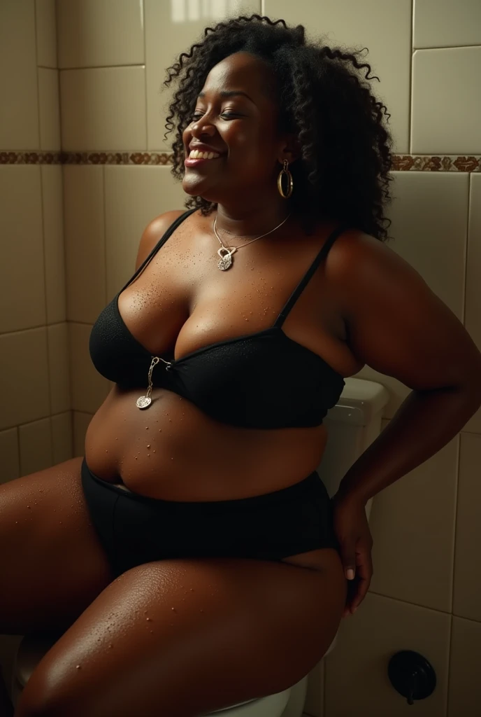 a plus-size sexy Jamaican woman with sensual expression, w earing,black bra and panties, hoop earrings ,dancing seductively in boots, wet with water on her dramatic lighting, cinematic composition, photorealistic, 8k, masterpiece on toilet moaning