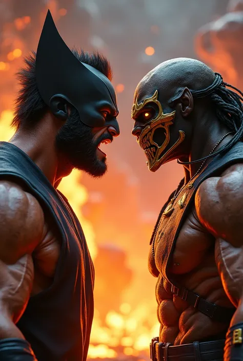 An ultra-realistic and cinematic scene of Wolverine and Scorpion from Mortal Kombat, both standing face-to-face in an intense and ready stance. Wolverine, with his rugged and battle-hardened demeanor, exudes a fierce, unyielding presence. His sharp, animal...