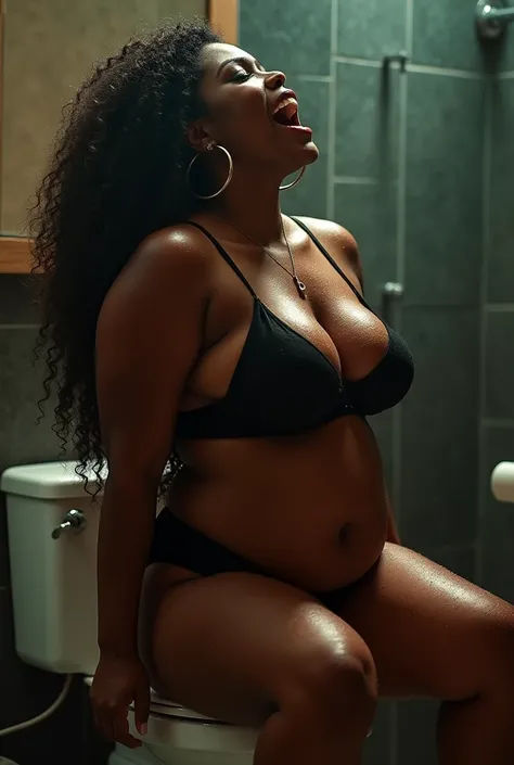 a plus-size sexy Jamaican woman with sensual expression, w earing,black bra and panties, hoop earrings ,dancing seductively in boots, wet with water on her dramatic lighting, cinematic composition, photorealistic, 8k, masterpiece on toilet moaning