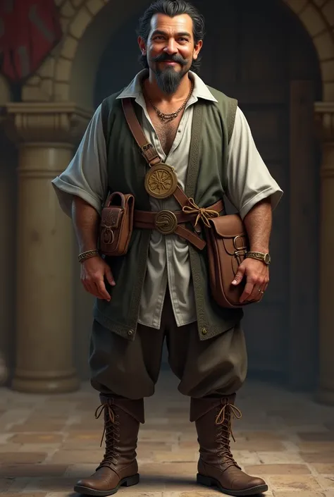 a full body RPG character: (full body :1.5), (man:1.5),  short man with brown skin and a long twisted mustache, no beard, kind, smiling, Thin hair, gray shirt, Sun medal in the bag , simple clothes,  medieval clothes, shoes, tavern on background, medieval ...