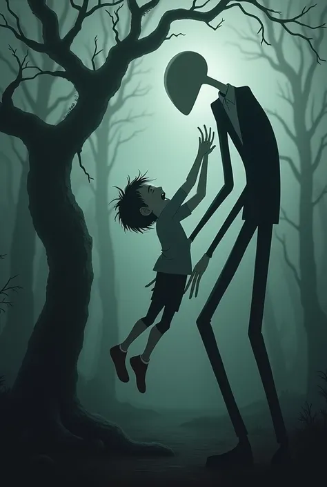 Slenderman impaling a screaming boy on a tree branch in the foggy forest in the early morning, nightmare, dream-like, highest definition, highest detail, highest quality, horror