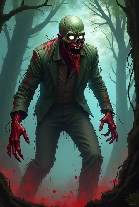 zumbi with blood on his hands and arms, andando na frente de uma árvore , zumbi in horror concept art, Zumbificado, evil zumbi, zumbi with white eyes, zumbi, man mutating to zumbi, zumbis attack, ilustração de terror, zumbi arms out in front, zumbi reachin...