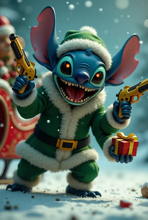 Evil Stitch in green santa suit stealing santa s sleigh. Make stitch look realistic, all his four arms are out snd he is holding presents and yellow guns