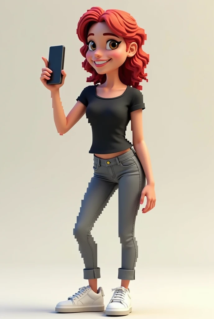 Create a. 3d image pixel model of a thin 40-year-old woman ,smiling,  white pele,  dark brown eyes, curly hair on long sides and red , black t-shirt, Gray jeans,  white sneakers with a cell phone in the hand with the screen facing the audience and another ...