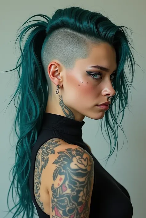 Side profile ofRealistic tattooed girl. Contoured cheeks. And  jawline. Cheek piercings and septum piercing. Teal long hair, one side of haircut buzz it bald with a head tattoo 