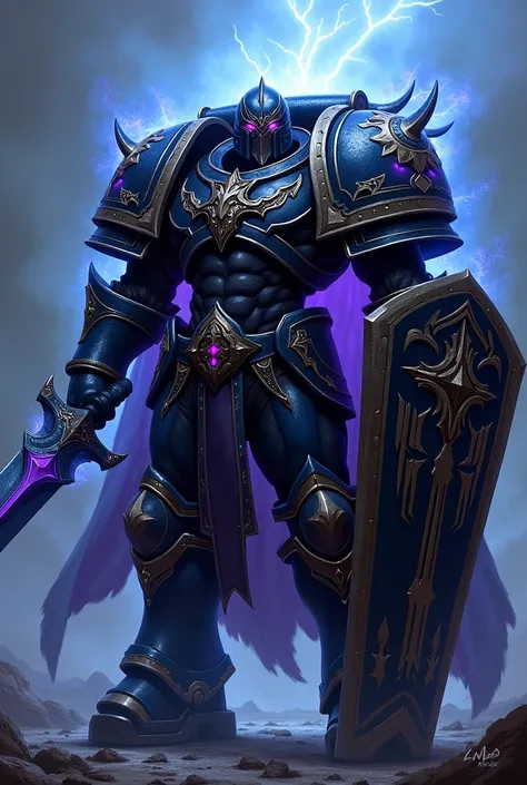 Chaos Knight, black and purple armor, ripped muscle, full armor, big shoulder armor, full of ornament armor, chaos knight, shield and sword, purple eyes, blue aura