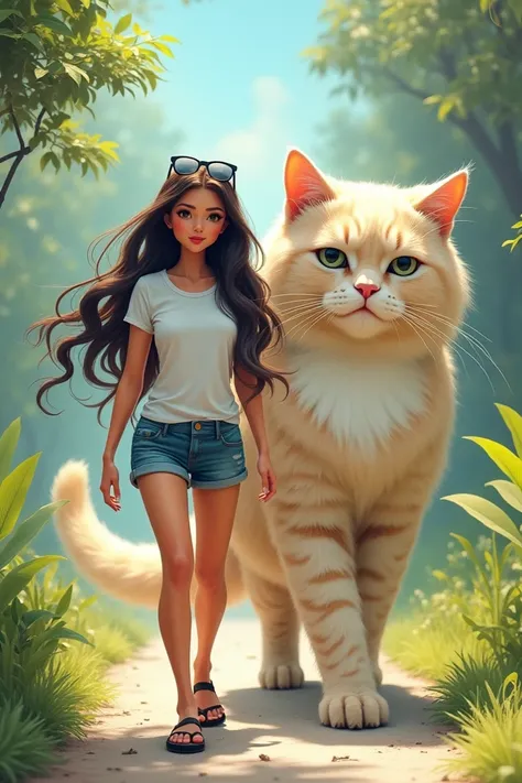  A long-haired woman wearing a white T-shirt and short jeans sunglasses her legs wearing black flip-flops, walks next to a cream-colored furry cat ,white on the neck ,walk towards the camera, cat looks bigger than a human 