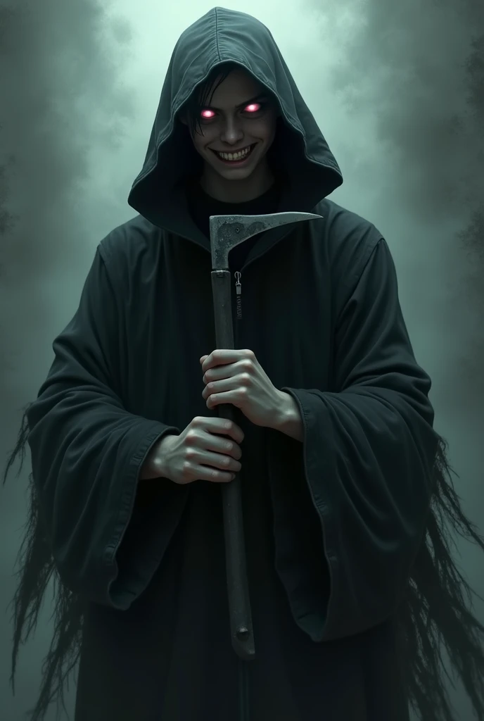 Draw a teenager in dark robes and completely white eyes with no pupil but his right eye is red and hes floating with an evil smile and a sickle over his hands and a zip coat