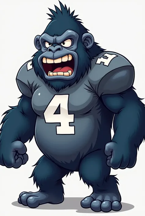 A small  cartopnish navy blue angry gorilla wearing a grey number 4 football jersey. Place inside the number 4 in capital letters LLYS