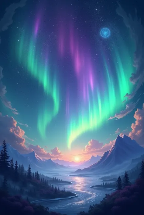 :

---

### **Prompt for Fantasy Glow Background**
"Create a vibrant and mystical fantasy background featuring glowing aurora borealis in shades of green, purple, and blue, stretching across the night sky. The scene should include soft gradients, swirling ...