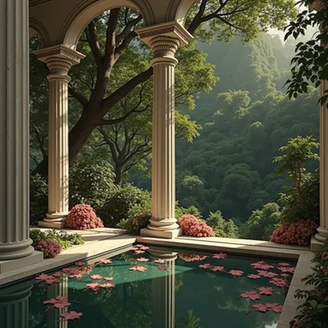 pool surrounded by jonic columns, pink leaves on the pool surface, big view to the jungle