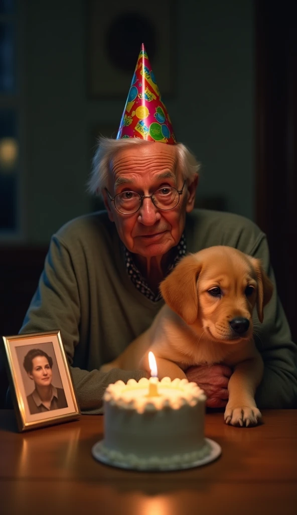 A 4k close up of a sad elderly man sits alone at a table, wearing a colorful party hat. His eyes are filled with tears, and a pained smile suggests a mix of sadness and nostalgia. In front of him is a small, simple birthday cake with a single lit candle, c...