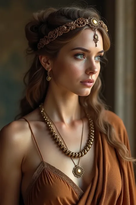 Makeup and brown clothing of the goddess Athena that has a lot of Greek mythology