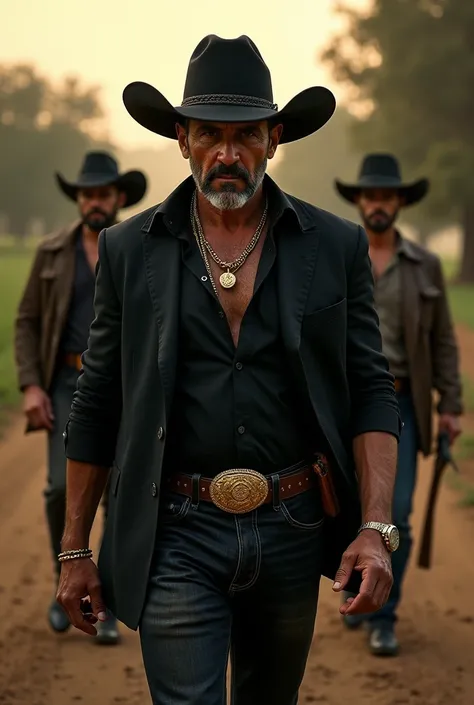  A Mexican Mafia boss ,  dressed as he walks steadily through his luxurious estate ,  surrounded by his trustworthy men .  He wears a black cowboy hat , a tight black shirt ,and gold accessories ,  His face reflects hardness and experience ,  with a slight...