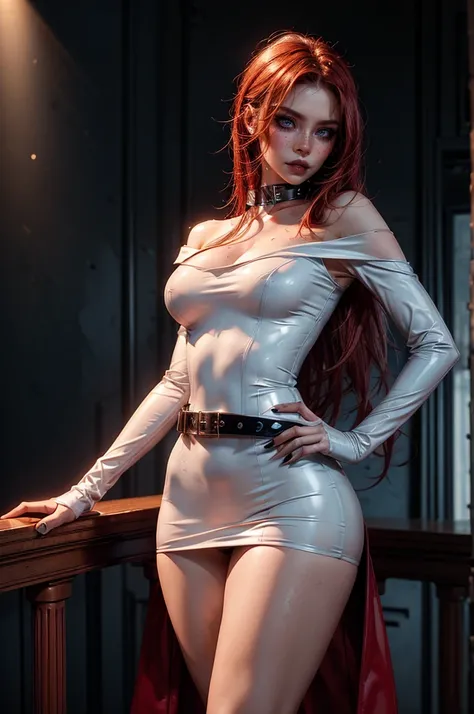 lora_Emma, a girl with long messy red hair, blue eyes, freckles, ((high fashion white colored off-shoulder latex mini-dress)), (high fashion ultra tight fitting white latex arm sleeves), (high fashion red waist belt), (high fashion latex collar), bare legs...