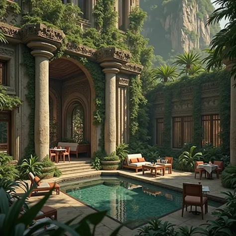 there is a restaurant with a pool in the middle of the jungle, jungle setting, beautiful place, fantasy setting, in a jungle environment, expensive restaurant, mountainous jungle setting, placed in a lush forest, in a highly detailed jungle, a mystical tem...